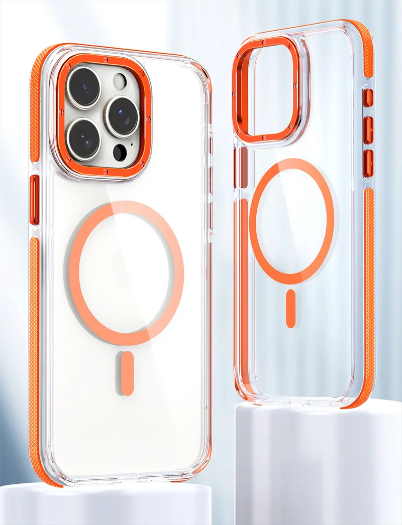 

For Magesafe Magnetic Transparent Wireless Charge Case For iPhone12 13 14 15 Pro Max 15Plus Alloy camera Shockproof TPU Cover