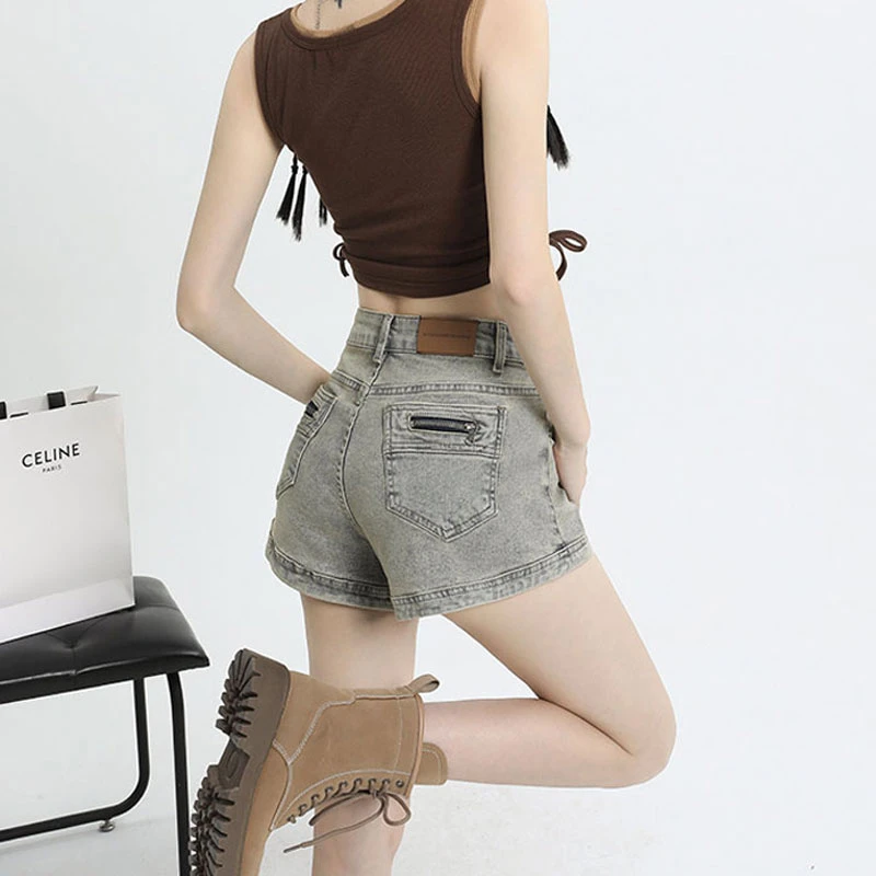 여성 슬림 패키지 힙합 탄성 핫팬츠, 하이웨이스트 포켓 지퍼 데님 반바지, 그물, 레드, 여름 신상 패션