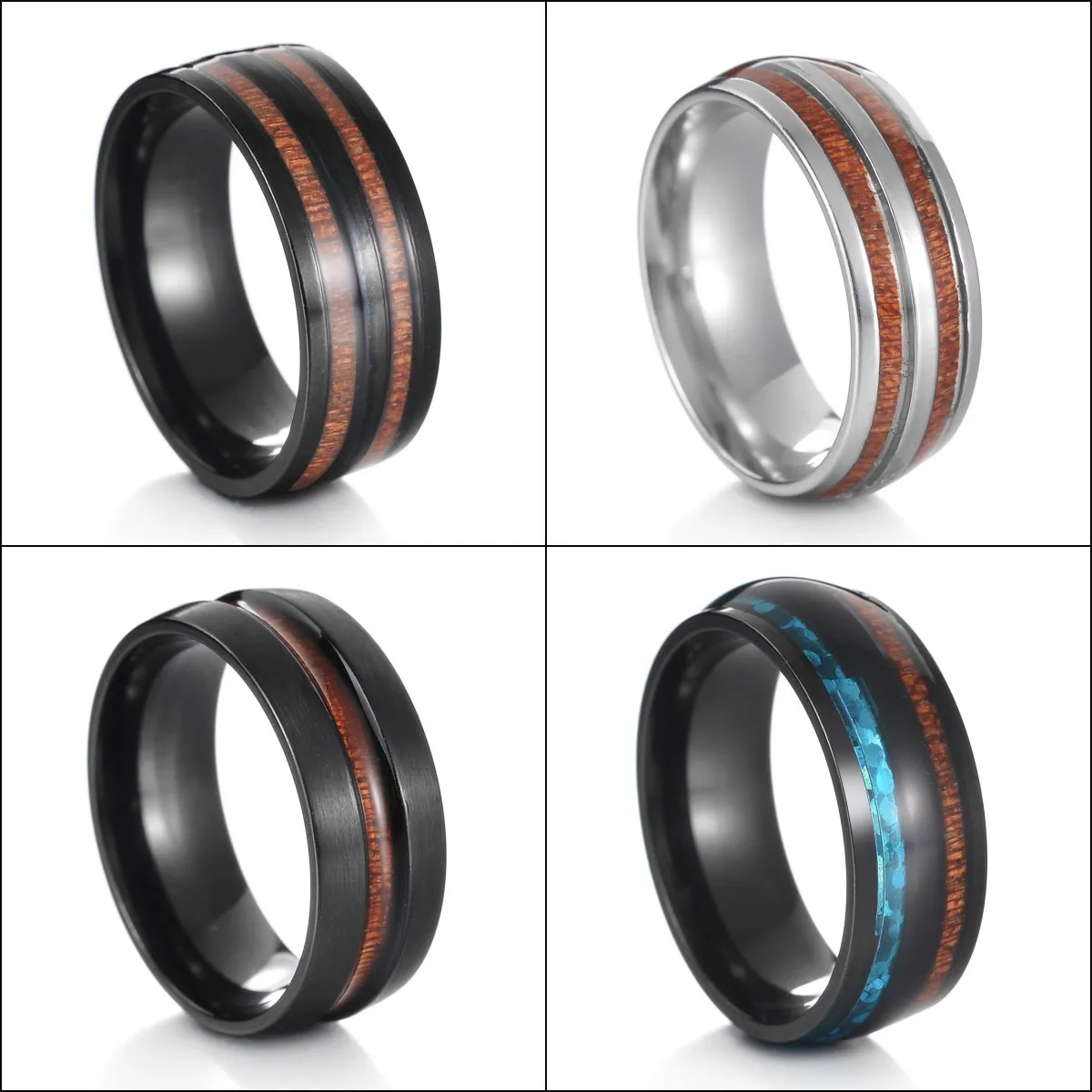 Moda 8Mm Argento Colore Nero Tungsteno Matrimonio Uomo Anelli In Acciaio Inossidabile Intarsio Abalone Shell Blue Opal Ring Uomo Gioielli Da Sposa