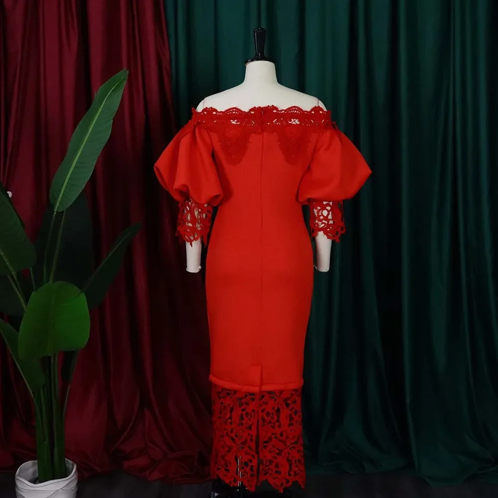 Elegant Dresses for Woman Off the Shoulder Lantern Sleeve Lace Patchwork Sheath Package Hips Ankle Length Luxury Birthday Dress