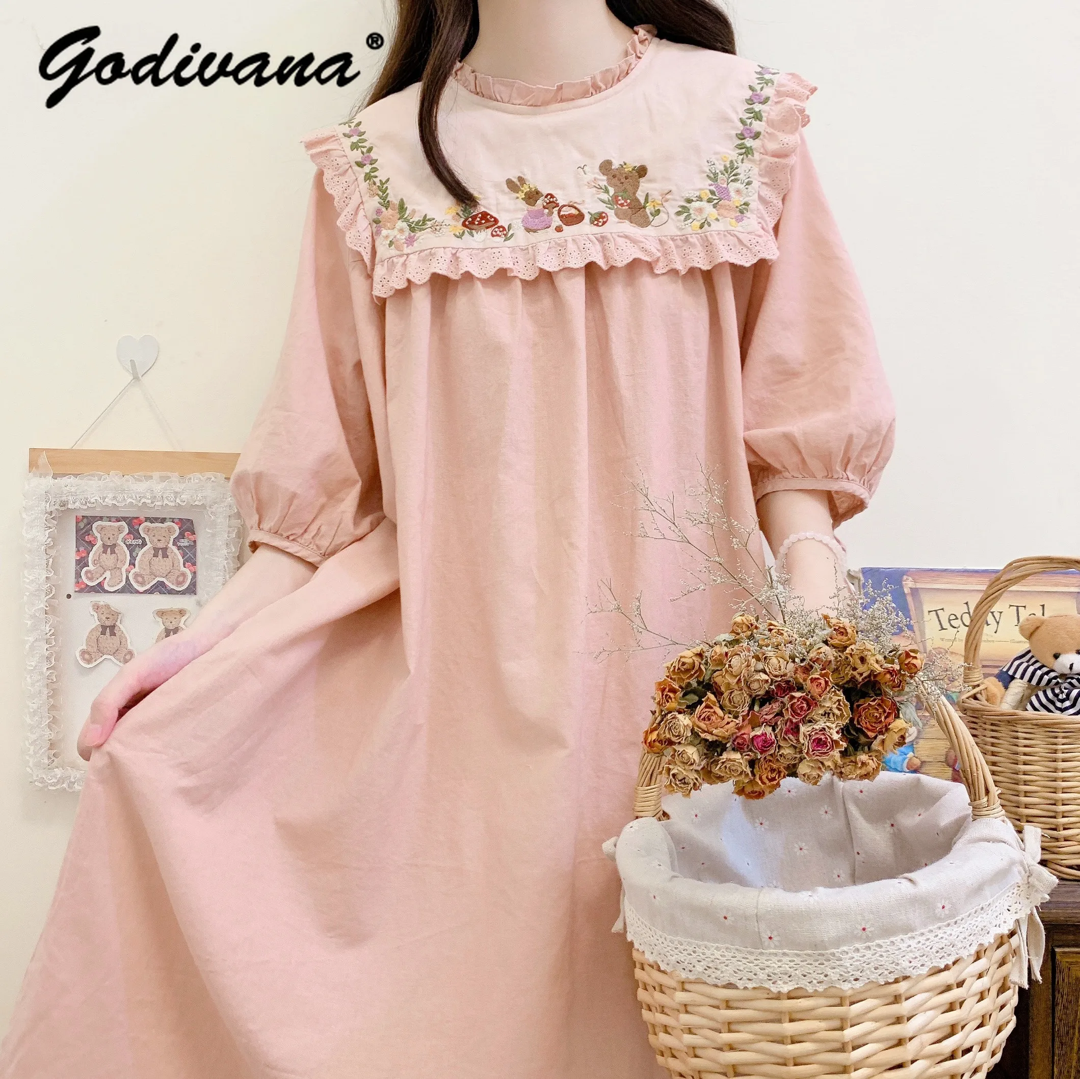 

Mori Girl Pink Cute Rabbit Embroidered Short Sleeve Loose Dress Cotton Linen Spring Summer Vintage Long Dress Women