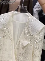 Temperament V-neck Long Sleeve Ladies Sequined Blazer Coat Women Mid-Length Trendy Thin Shiny Jacket 2023 New Fall Women Clothes 4