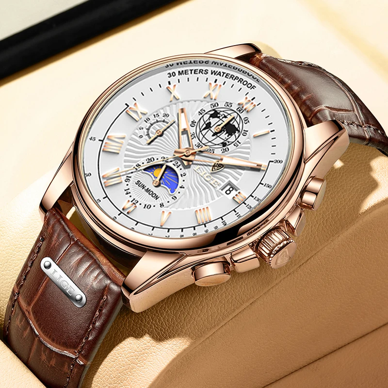 2024 LIGE Watch Men Top Brand Luxury Leather Men Watch Business Waterproof Sports Chronograph Quartz Wristwatches Montre Homme