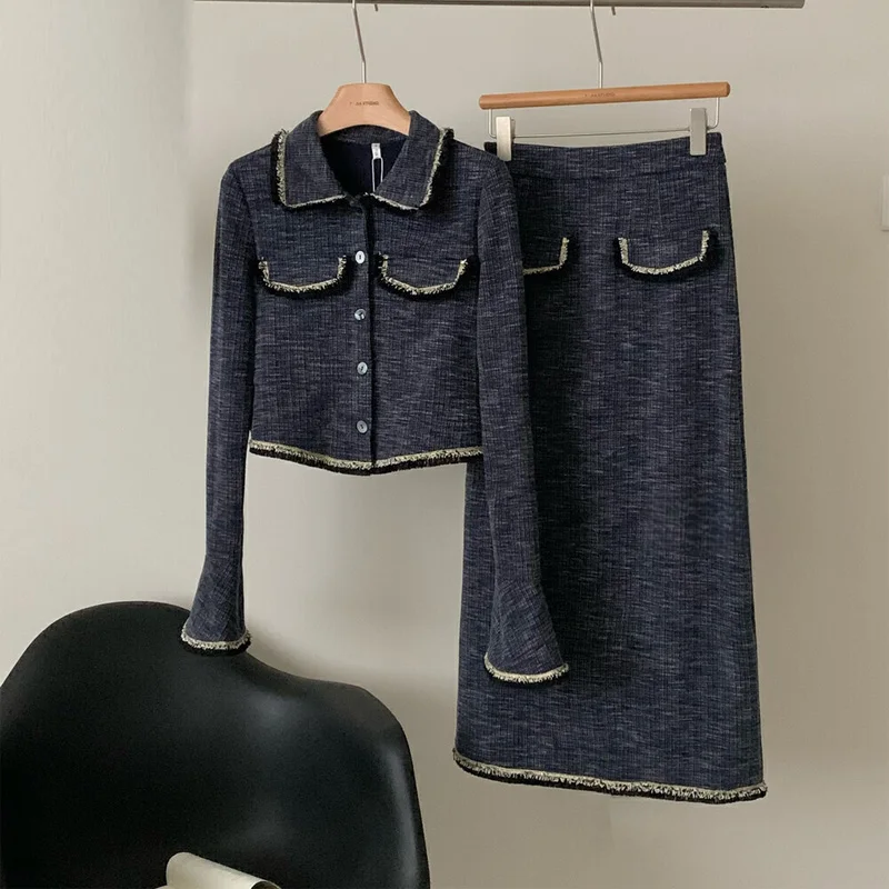 

New Autumn Fashion Small Fragrance Single Breasted Short Coat + High Waist Mid Length Skirt Ladies Suit Korean Two Piece Set