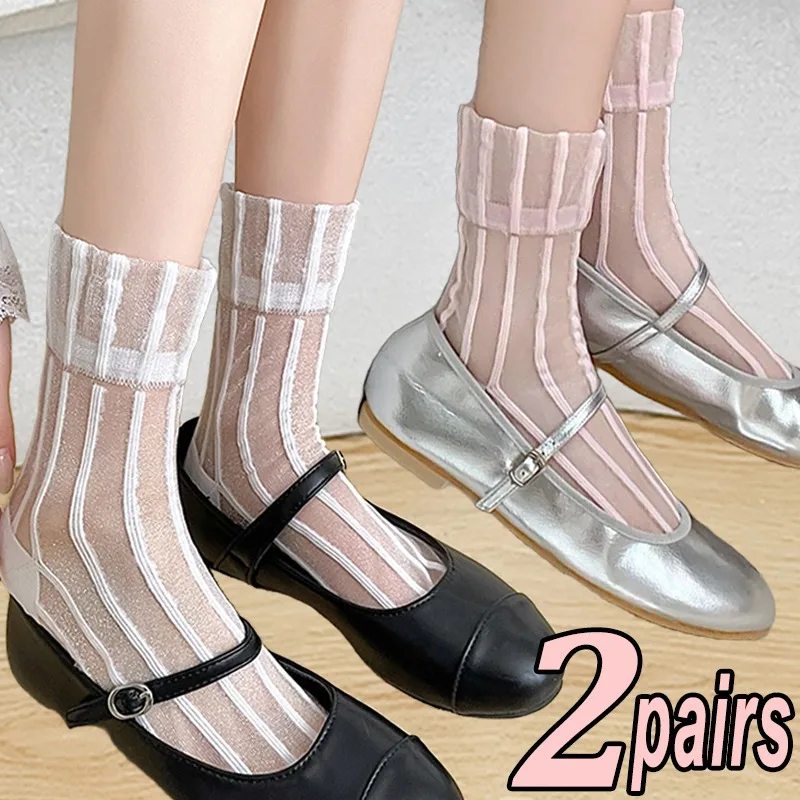 

Ultra Thin Lace Socks Summer Sweet Mesh Transparent Wrinkled Women Girls Sock New Fashion Vertical Stripes Elastic Silk Stocking