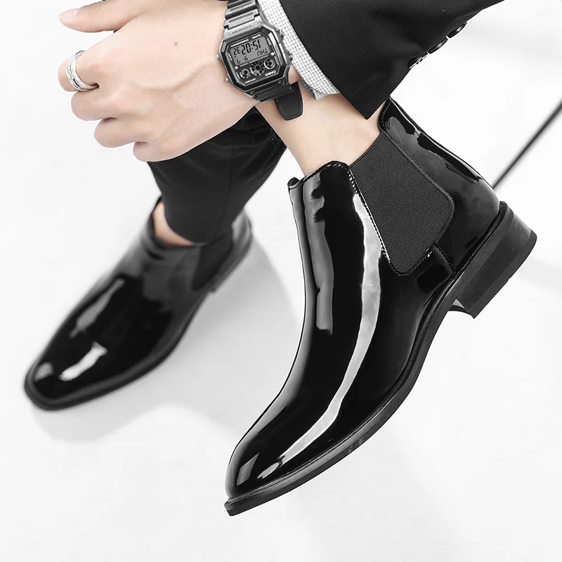 Chelsea Boots for Men Patent Leather Black Buckle Ankle Round Toe Business Classic Handmade Men Short Boots Botas De Hombre