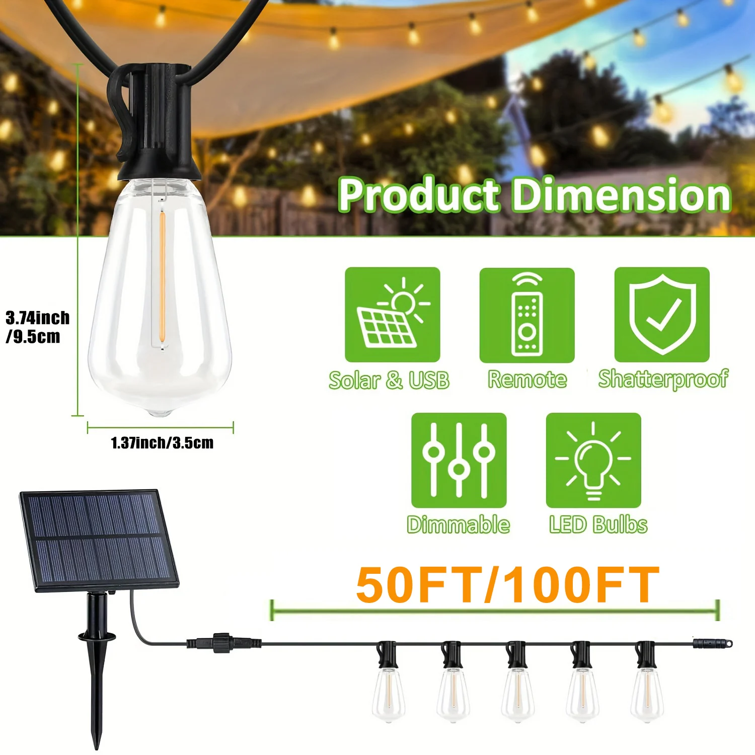 50/100FT Remote Dimmable Solar String Lights Outdoor ST38 LED Fairy Garden Lamp Wedding Party Xmas Halloween Hanging Patio Light 5