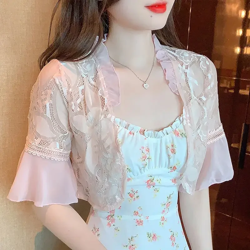 다용도 플레어 슬리브 레이스 숄 여름 얇은 가디건 재킷 여성용 아우터웨어 숄더 베스트 자외선 차단 의류