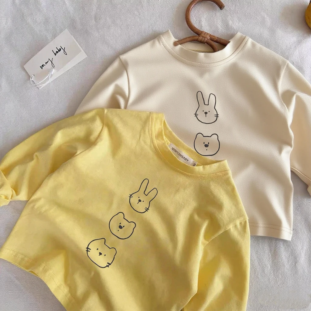 Mädchen Rundhals Basis Shirt Neue Cartoon Tiere Gedruckt T-shirts Lange ärmeln Tops Frühling Sommer Tragen Kleinkind Dünne Lose T-shirts