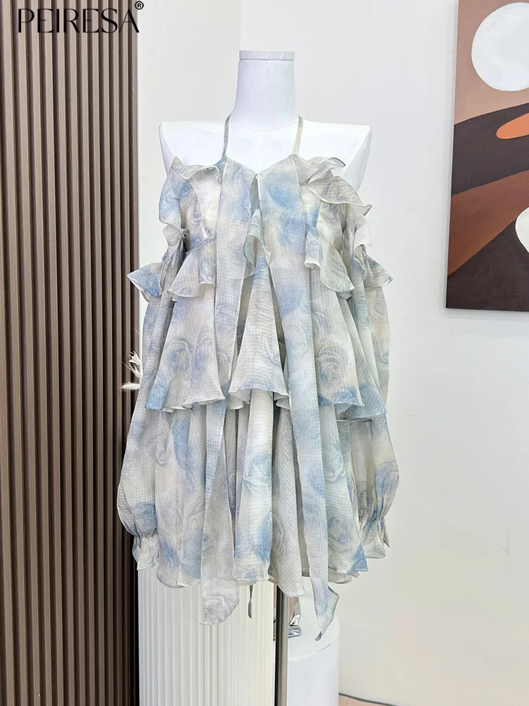 

PEIRESA French Elegant Ruffles Floral Print Halter Blouse Women Summer Off Shoulder Backless Chiffon Shirt Fashion Womens Tops