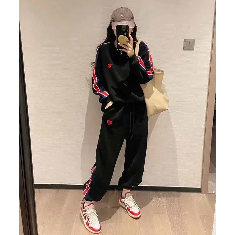Women Golf Suit 2 Piece Sports Striped Pant Sets Spring Autumn Preppy Style Embroidered Love Loose Korean Fashion Golf Clothing