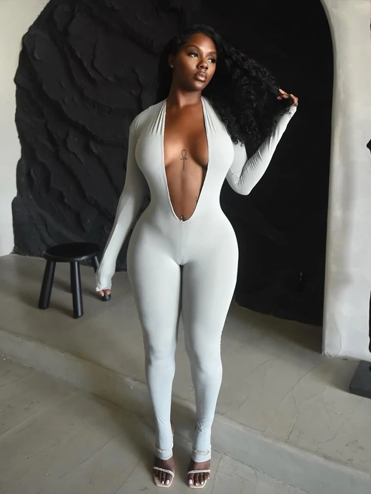 Nibber Backless Jumpsuit Women Deep v-Neck Long Sleeve Solid Skinny High Stretch Sexy Midnight Coquette Basis Wild Fall Outfits