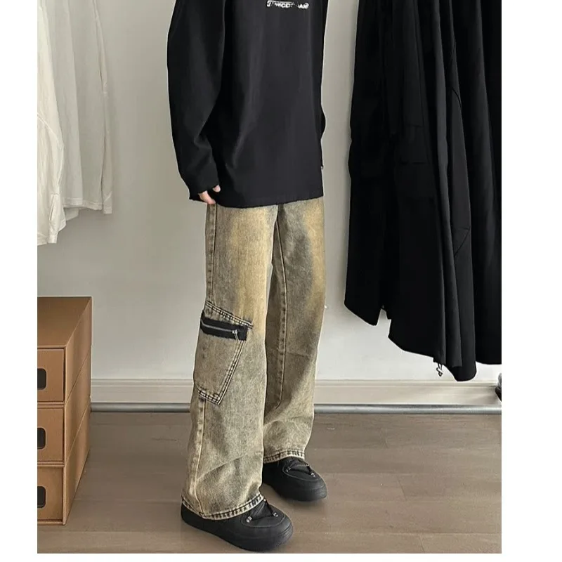 Blue Jeans men American Y2K Vintage High Waisted Jean Straight Streetwear Casual Loose Wide Leg Denim Pants Ripped Trouser