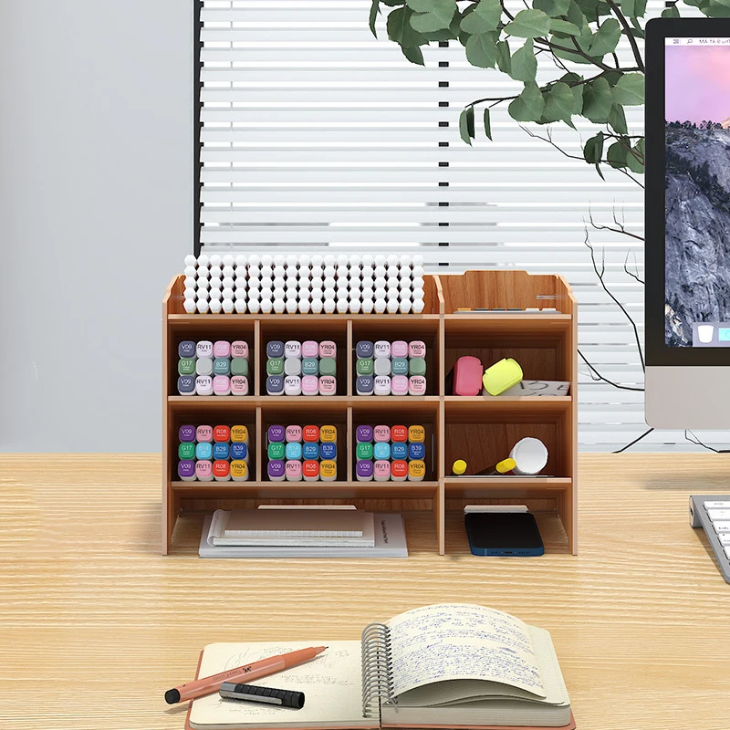 DIY Wood Desk Organizer Tidy Pen Holder Large Capacity Stationery Storage Box With Drawer Student Stationery For Home Office