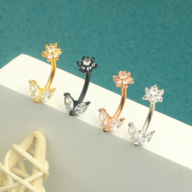 Sexy Navel Piercing Belly Button Rings Bar Crystal Zircon Dangling Ombligo Party Stud Barbell for Woman Body Jewelry 14g Flowr