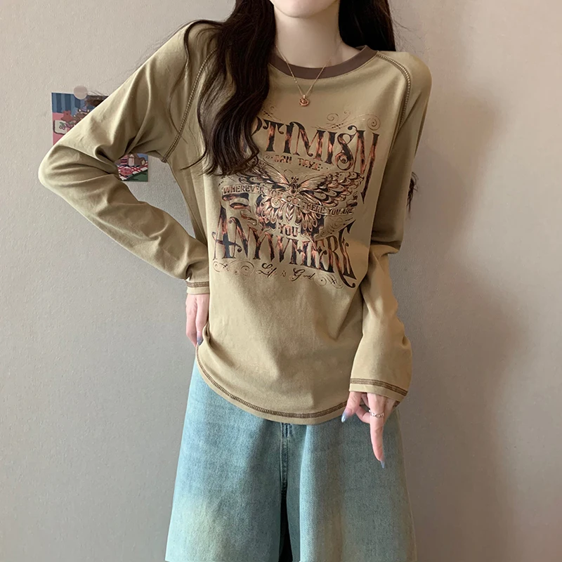 

Vintage Base Shirt Women's Spring and Autumn Bright Line Decoration Round Neck Thin Crop Top Long Sleeve T-Shirt
