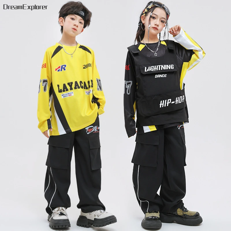Boys Hip Hop Vest Contrast Sweatshirt Cagro Pants Girls Streetwear Child Street Dance Fake Two Piece Top Kids Jazz Clothes Sets