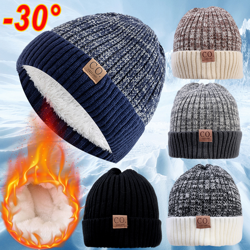 Winter Men Beanies Solid Color Knitted Plush Hats Thicken Super Warm Brimless Fur Bonnet New Fashion Male Outdoor Cap Skullies