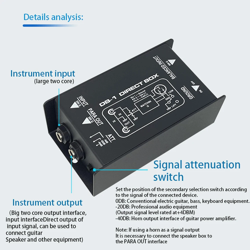 Passive Audio DI Box Direct Injection Box Low Noise Guitar Bass DI Single Channel Audio Converter audio converter