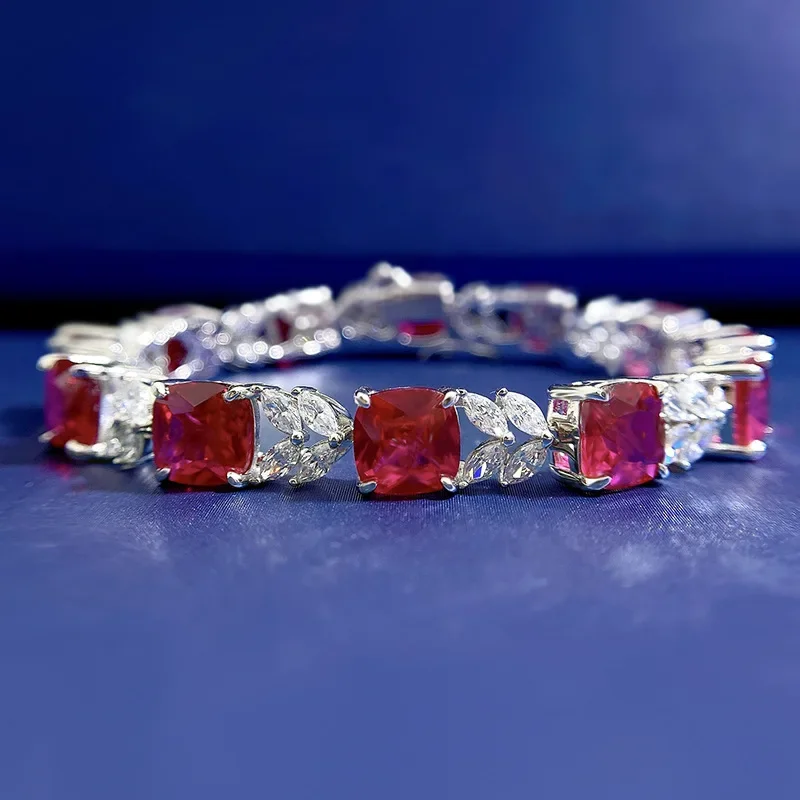 

Trendy Flower Ruby Diamond Bangle Bracelet 100% Real 925 Sterling silver Wedding Bracelets For Women Bridal Engagement Jewelry