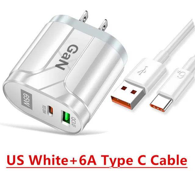 PD 65W Fast Charge Adapter For Laptop MacBook Pro Type-C Quick Charger For Apple iPhone 11 12 13 Pro iPad Huawei Xiaomi Samsung US White Cable