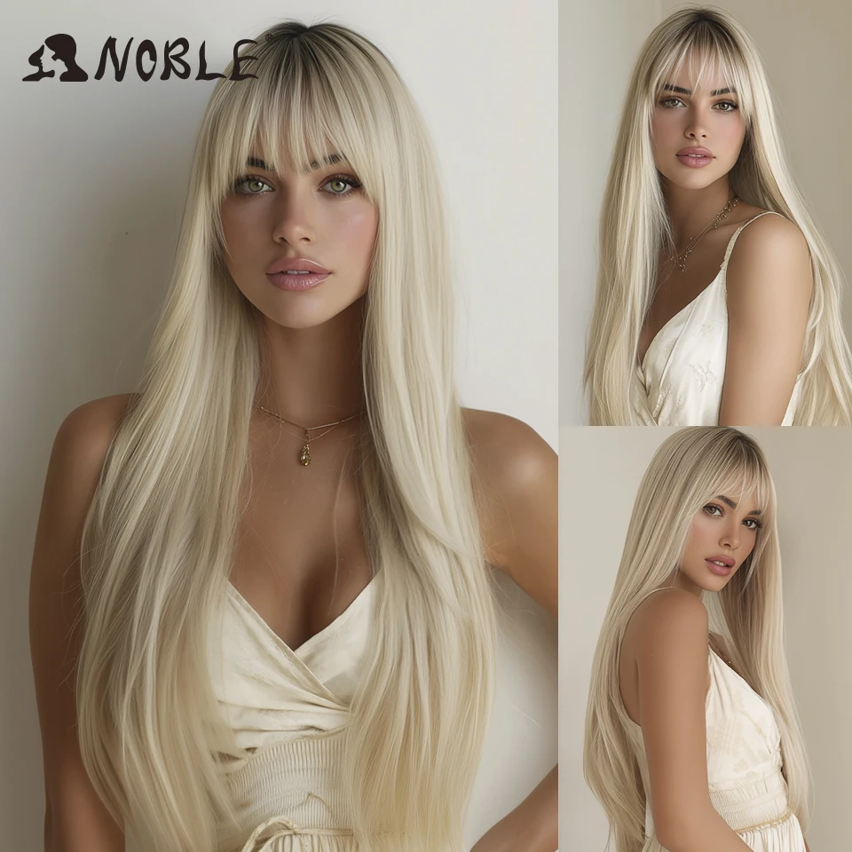 Noble Synthetic Wig With Bangs Long Straight Wig Ombre Blond Colored Wig Cosplay Wig For Women Synthetic Hair Wig Heat Resistant