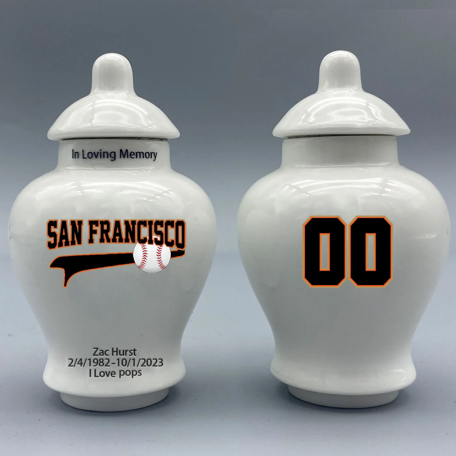 

Mini Urn for San Francisco Giants-Baseball themed.Please send me the customization information - name/date and number on the urn