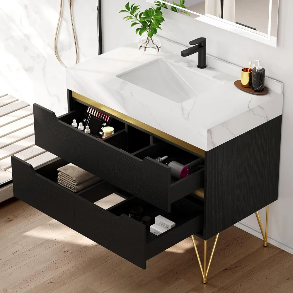 36 Inch Bathroom Vanity with Sink, Bathroom Cabinet with White Sintered Stone, Bathroom Sink Vanity, 4 Drawers Soft Close System 3