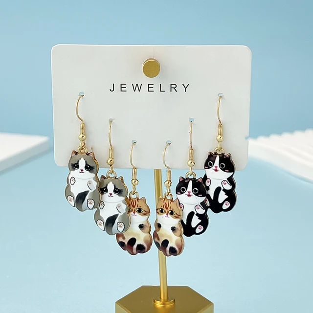 3Pairs/Set New Fun and Cute Enamel Alloy Cat Dangle Earrings Cartoon Style Colored Cat Ear Jewelry Set Gift For Women Girls 5