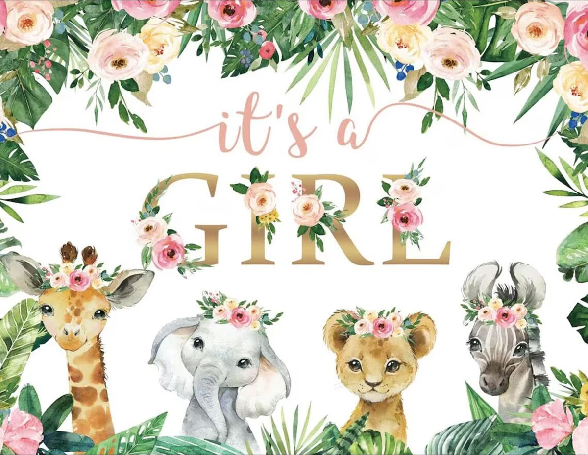 It Is Girl Jungle Safari Animals Zoo Giraffa Elephant Lion Zebra Flower Baby Shower Fondale Sfondi Per Feste