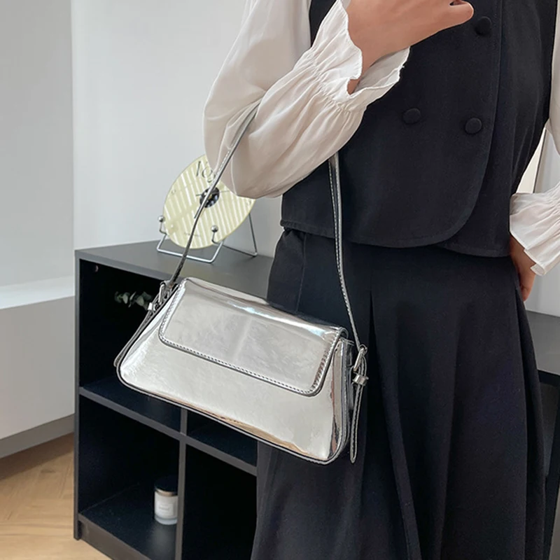 

Fashion Shoulder Bag for Women Bright PU Leather Underarm Bag Exquisite Solid Color Armpit Bag Retro Hasp Top-handle Bag 2024