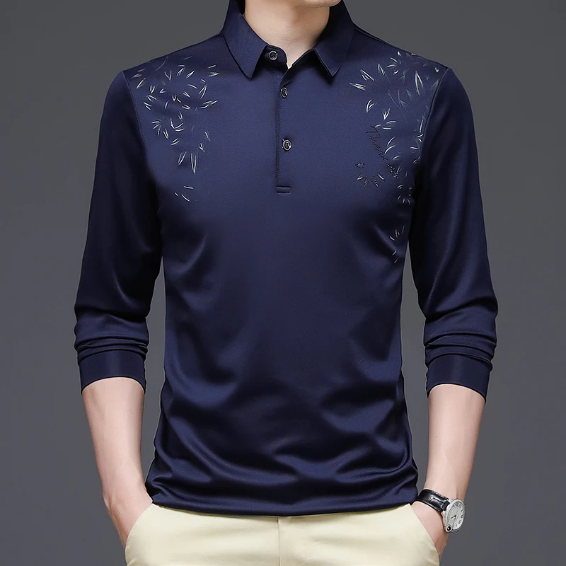 

TFETTERS Autumn New Arrival Men T Shirts Long Sleeve Slim Fit Anti-wrinkle Clothes Business Casual Print Turn-Down Men Clothes