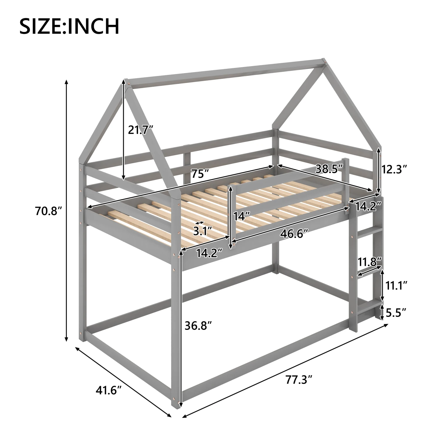Twin over Twin Low Bunk Bed, House Bed with Ladder , Gray(OLD SKU WF197808AAE) 5