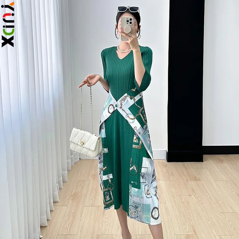 

YUDX Miyake Women's Dresses High Quality Design Sense Niche Printing Pleated Slim Thin Mid-length Dress 2023 Fall New