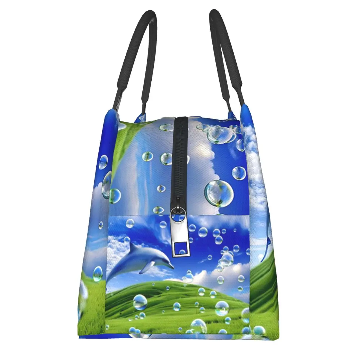 Frutiger Aero Dolphin Aesthetic Meadow With Bubbles And Mountains And Sky 도시락 가방 컨테이너 쿨러 보온 도시락 가방 토트백
