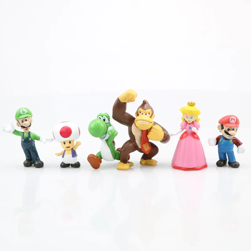 

6pcs/set Super Mario Bros PVC Action Figure Toys Dolls Model Set Luigi Yoshi Donkey Kong Mushroom for kids birthday gifts AAA