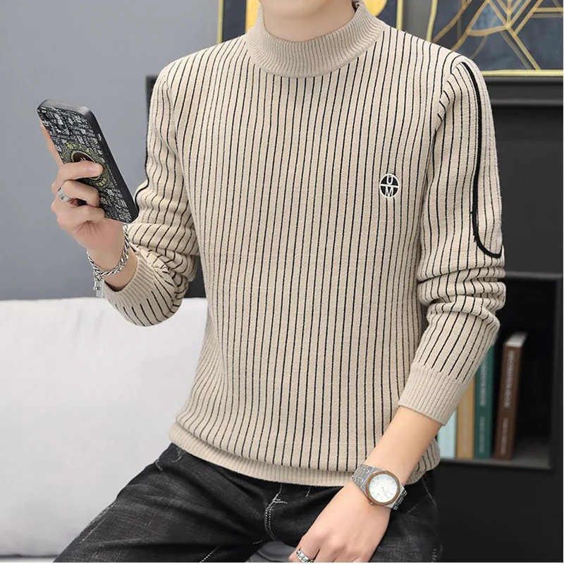 Fashion Stand Collar Spliced Embroidery Striped Sweaters Men's Clothing 2023 Winter Loose Knitted Casual Pullovers Korean Tops 5