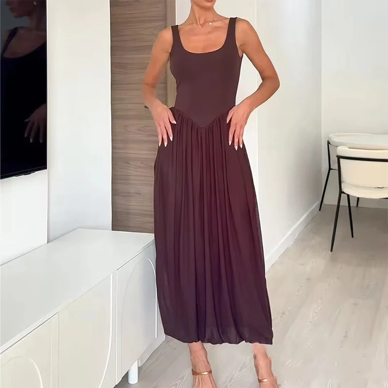 Elegant Tulle Splicing Cami Dress Women's Sleeveless Backless Long Dress 2025 Summer Fashion Beach Party Dresses