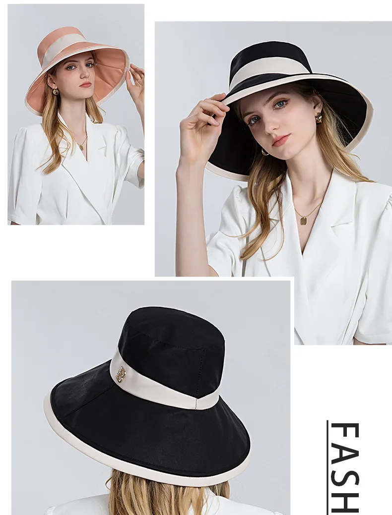 Women's Hat Foldable Big Brim Bucket Hat Metal Summer Sun Hat Contrast Beach Hat Portable and Foldable Big Brim Fisherman Hat buckethat