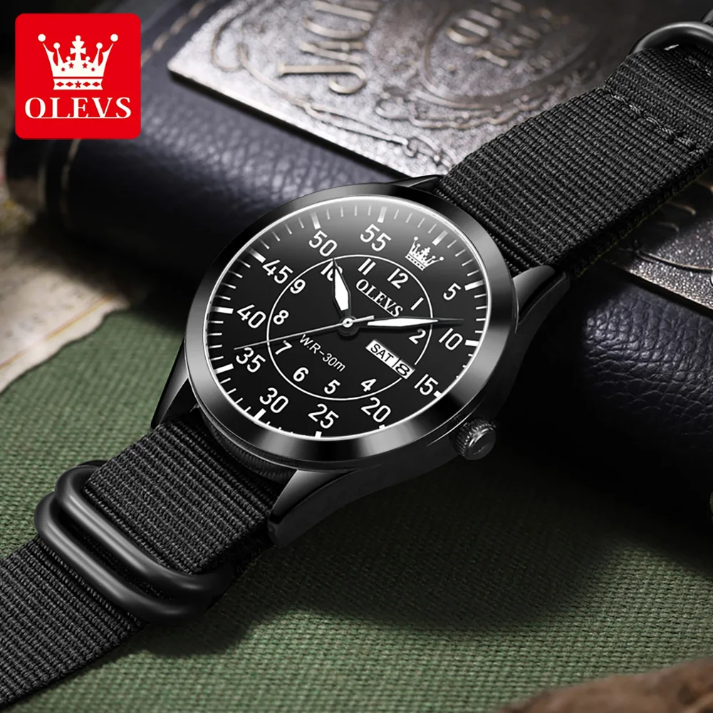 OLEVS-reloj deportivo de lujo para hombre, cronógrafo de cuarzo con calendario semanal, correa de nailon a la moda, resistente al agua