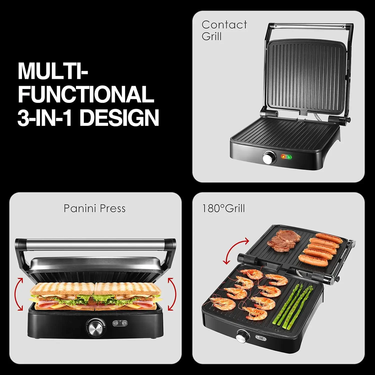 1200W Panini Press Grill with Adjustable Temperature, 4-Slice Indoor Grill, 180° Open Sandwich Maker with Drip Tray 4