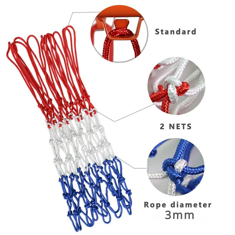 2PCS Standard Basketball Net Red+White+Blue Tri-Color Basketball Hoop Net Powered Hoop Basket Rim