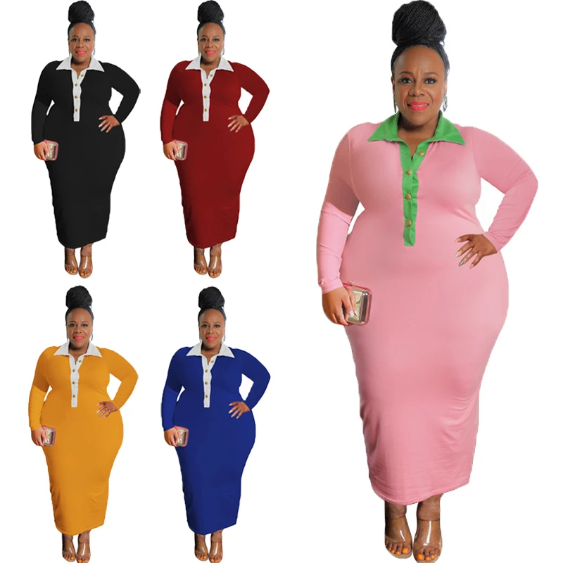 

Women Solid Color Maxi Dresses Long Sleeve African Ladies Party Birthday Dress Bodycon Lapel Collar Large Size Formal Clothes