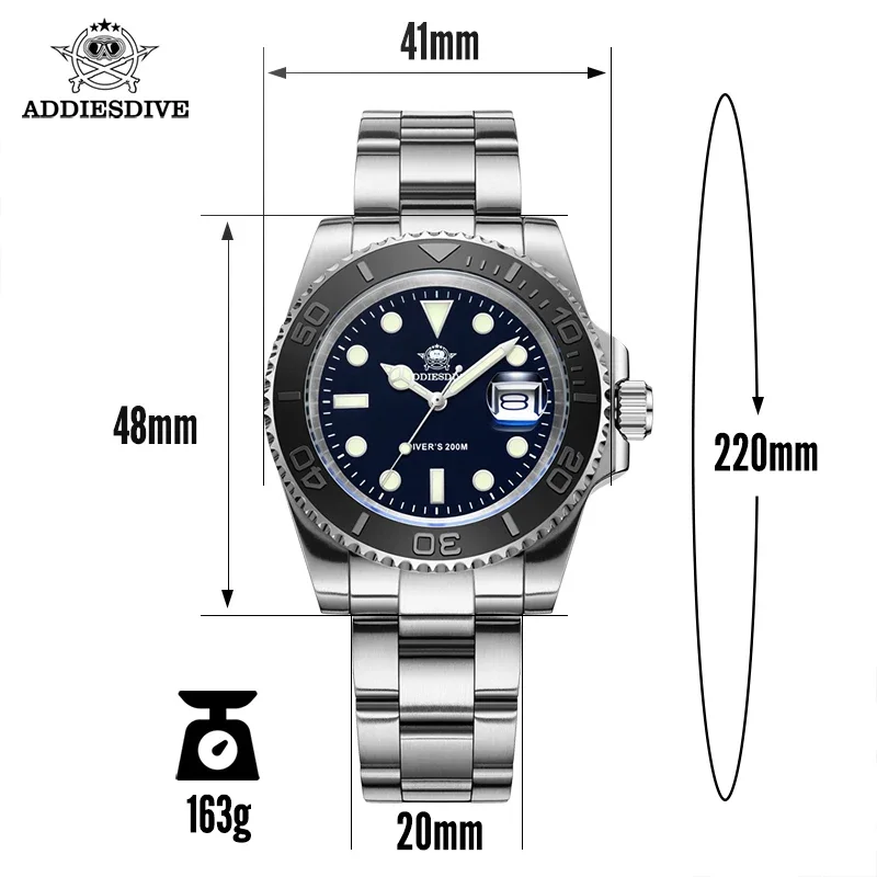 ADDIESDIVE 41mm Windows Display Quartz Watches 316L Stainless Steel 20Bar waterproof BGW9 Super Luminous Leisure Watch For Men