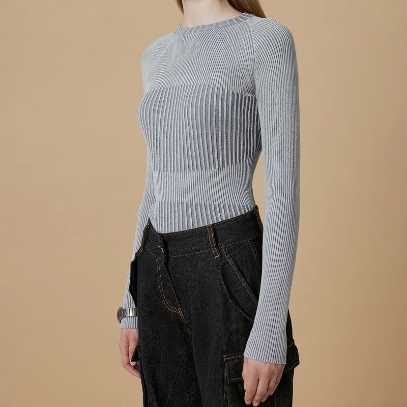 

2023 Autumn Women's Knitted Round Neck Solid Long Sleeve Sweater Slim Undercoat