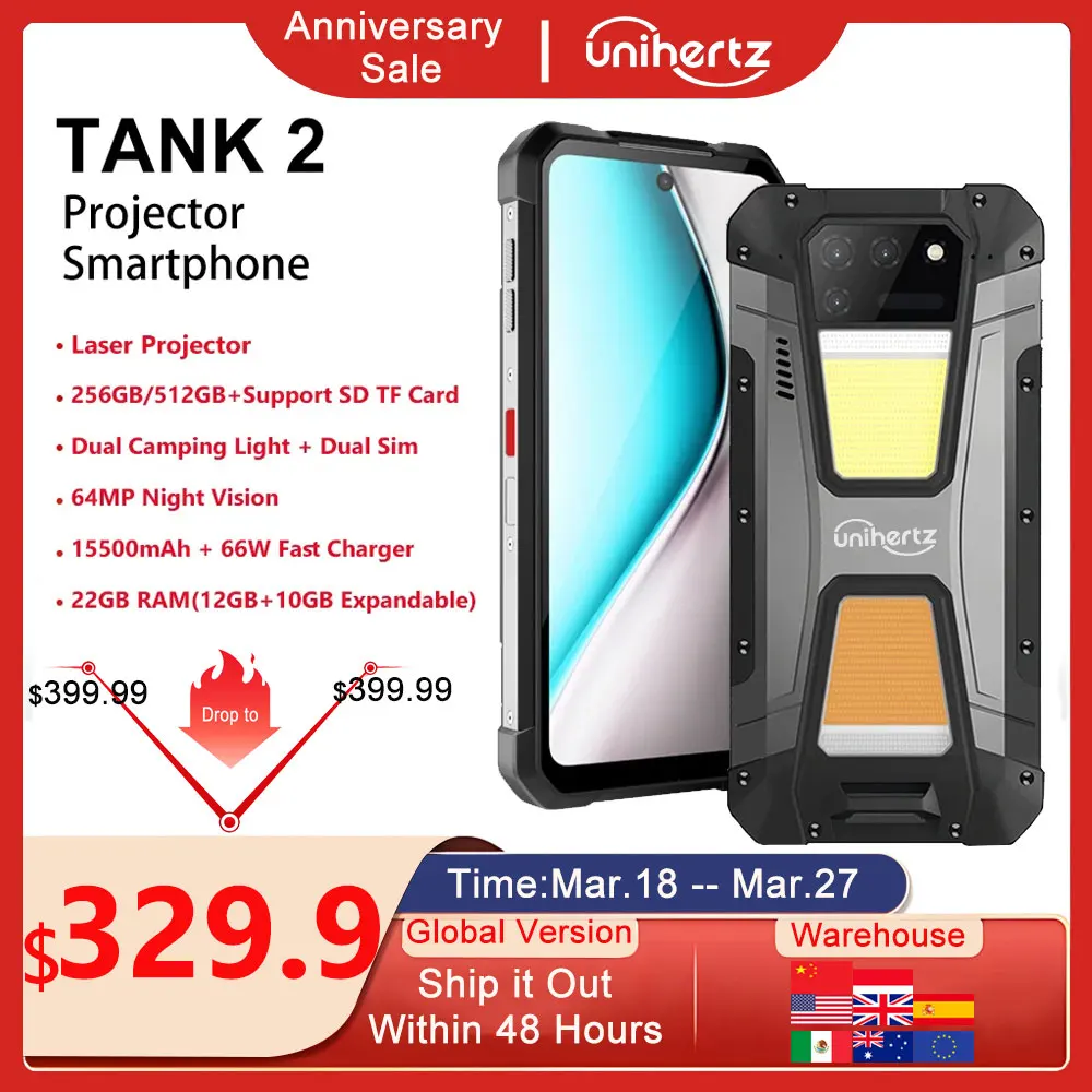 Unihertz 8849 탱크 2 프로젝터 구동 스마트폰, 캠핑 라이트 핸드폰, 108mp, G99, 64MP, 나이트 비전, 22GB, 256GB