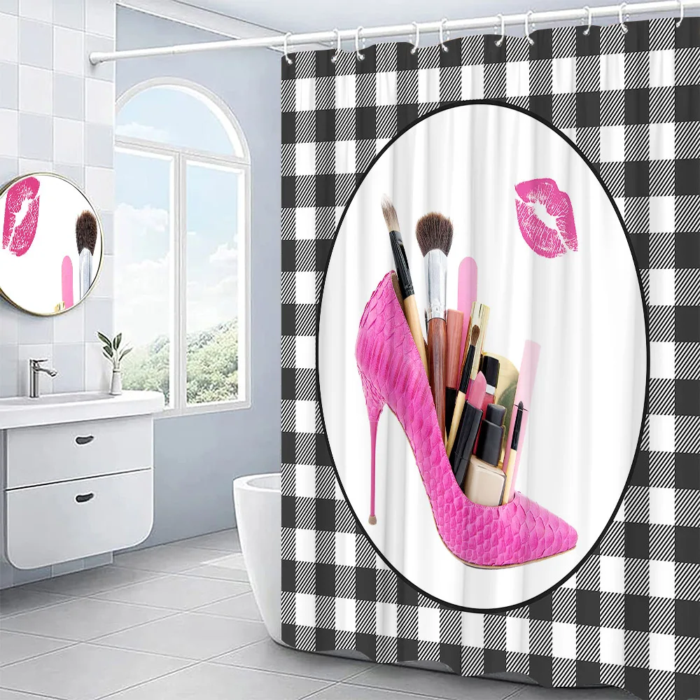 Pink high-heeled shower curtain sexy red lip makeup bathroom decoration  flowers and plants shower curtain cortina de la ducha