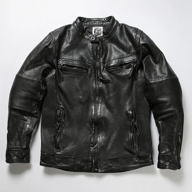 

Casual washed wrinkled vegetable tanned sheepskin leather jacket men's multi-pocket biker clothes can be safe protective gear