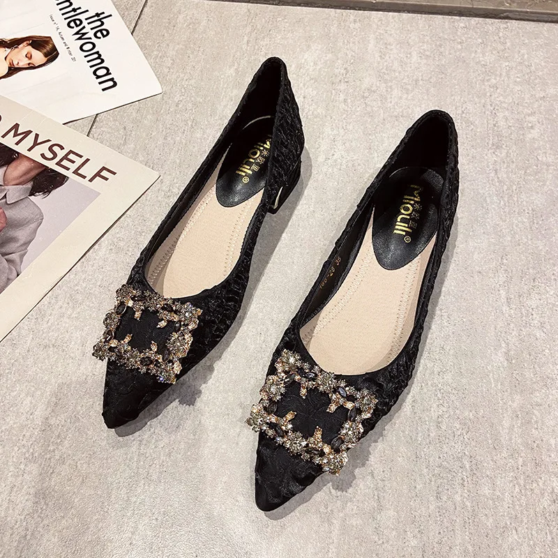 Shoes Women's Pumps 2022 New Slip-On Rhinestone Square Buckle Pointed Toe Shallow Shoes Square Heel 3CM Fashion Shoes