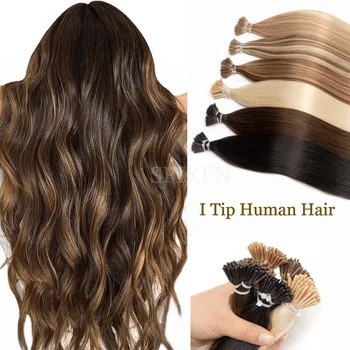 SPIKFN Stick I Tip Human Hair 12-20 Inches Straight Pre Bonded Hair Extensions Natural Black Brown Blonde Itip Hair 9 Colors